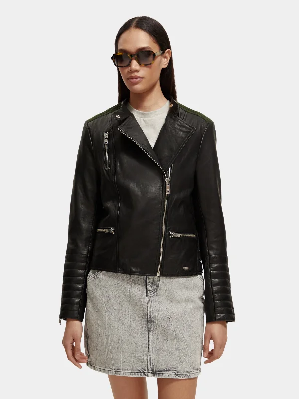 Asymmetric leather biker jacket Fleece Jacket Down Jacket Feather Jacket