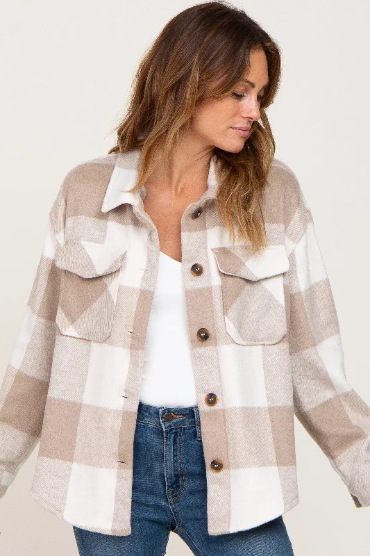 Beige Plaid Knit Shirt Jacket Belted Jacket Elasticated Jacket Padded Jacket