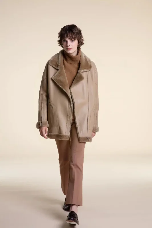 Beige shearling jacket A-Line Jacket Boat Neck Shawl Collar