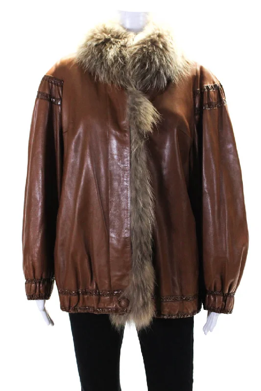 Beltrami Womens Leather Snakeskin Trim Racoon Fur Button Up Jacket Brown Chenille Fabric Brocade Fabric Lace Fabric