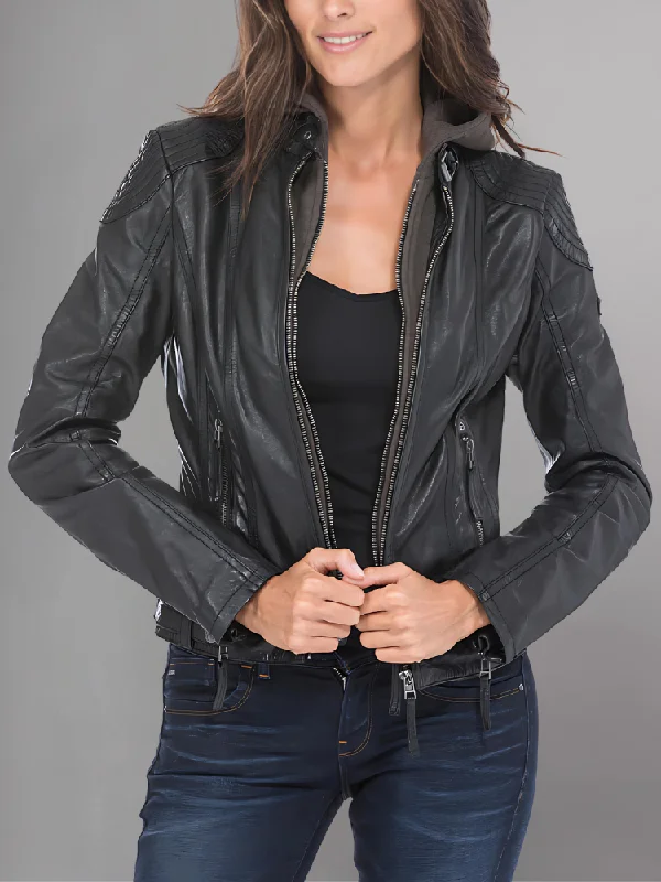 Women Black leather jacket lamb "cacey" Cotton Jacket Linen Jacket Terry Jacket
