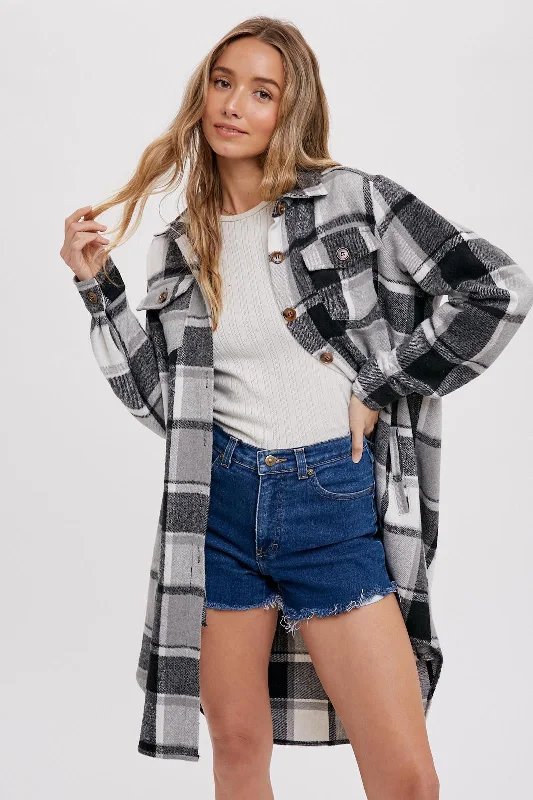 Black Plaid Fleece Long Shirt Jacket Welt Pockets Slit Pockets Flap Pockets