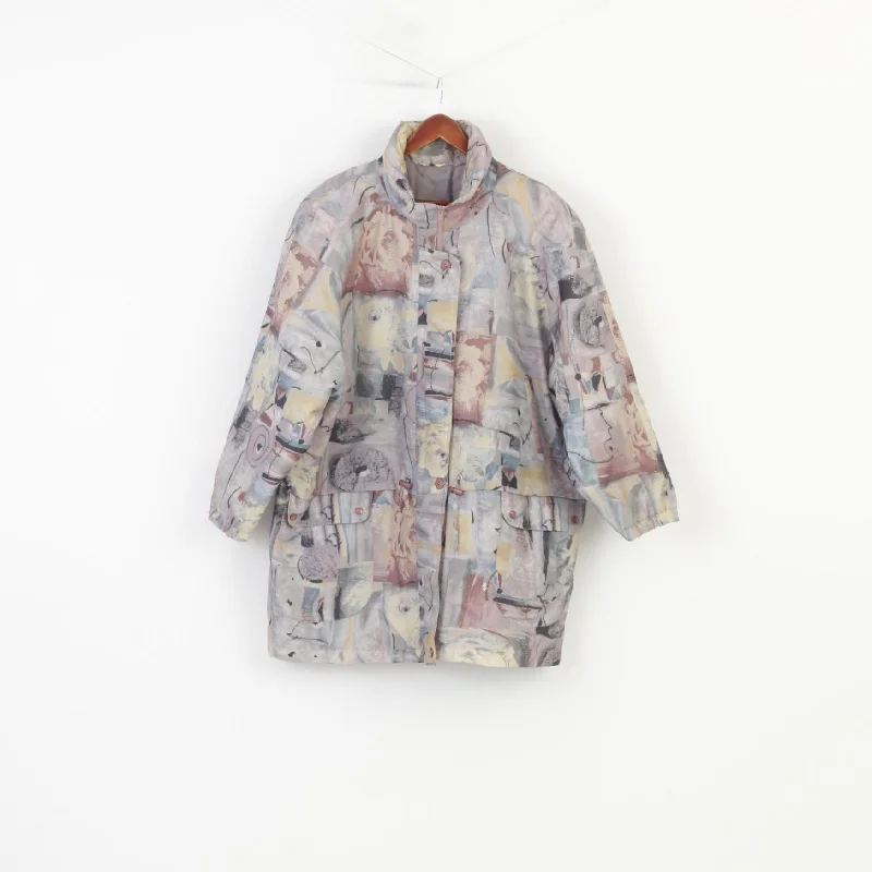 C&A Women 50 3XL Jacket Full Zipper Abstract Grey Shoulder Pads Vintage Top Wool Fabric Cashmere Fabric Tweed Fabric