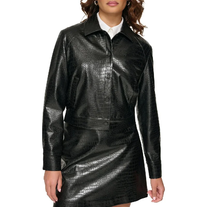 Calvin Klein Womens Faux Leather Cropped Motorcycle Jacket Chenille Fabric Brocade Fabric Lace Fabric