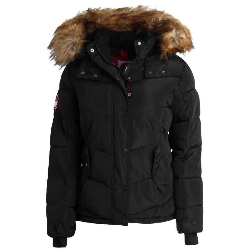 Canada Weather Gear Womens Faux Fur Trim Insulated Puffer Jacket Notch Collar Jacket Peter Pan Collar Jacket Cowl Neck Jacket