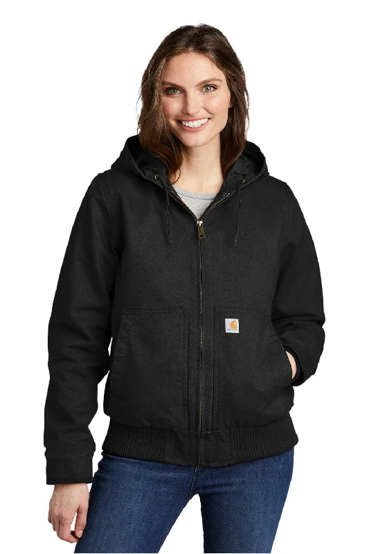Carhartt Womens Active Washed Duck Full Zip Hooded Jacket - Black Welt Pockets Slit Pockets Flap Pockets