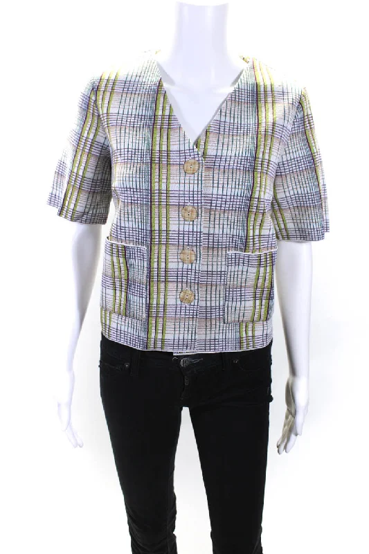Catherine Andre Womens Short Sleeve Knit Plaid V Neck Jacket Green White Small Print Jacket Jacquard Jacket Embroidered Jacket