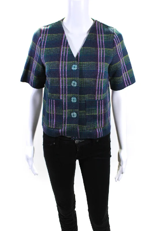 Catherine Andre Womens Short Sleeve Knit Plaid V Neck Jacket Multicolor Medium Snapped Jacket Toggled Jacket Drawstring Jacket