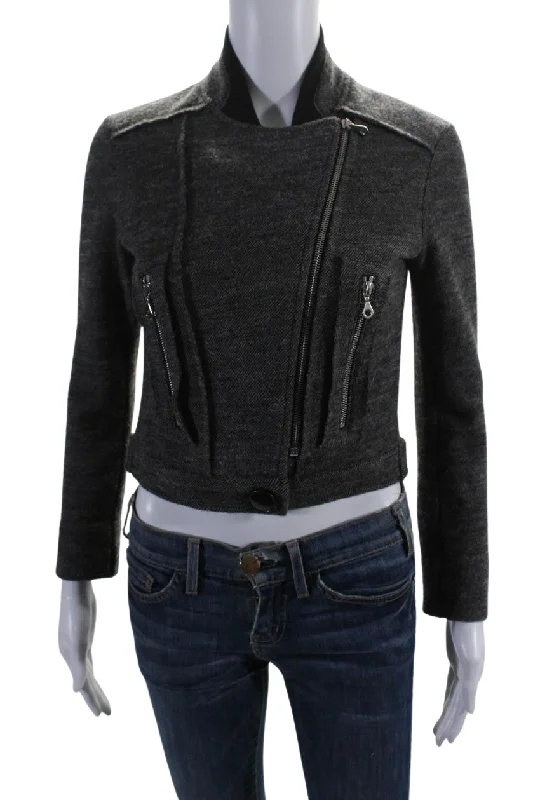 Chloe Womens Wool Blend 2 Pocket Round Neck Zip Up Cropped Jacket Black Faux Fur Fabric Real Fur Fabric Shearling Fabric