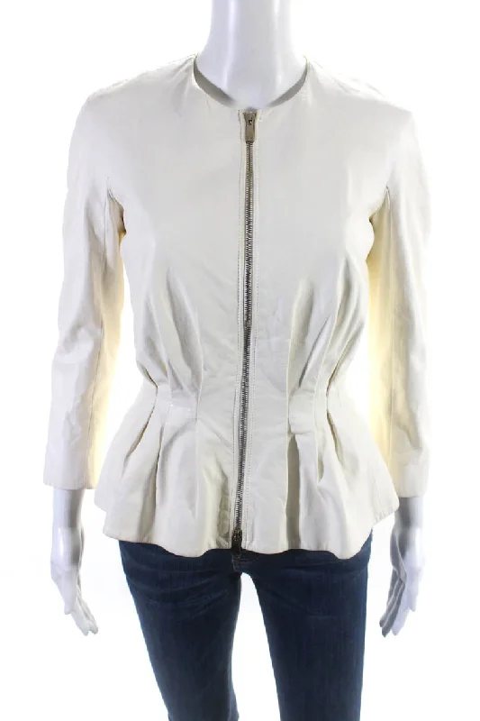 Christian Dior Womens Crew Neck Full Zip Pleated Leather Jacket Ecru Rayon Fabric Velvet Fabric Corduroy Fabric
