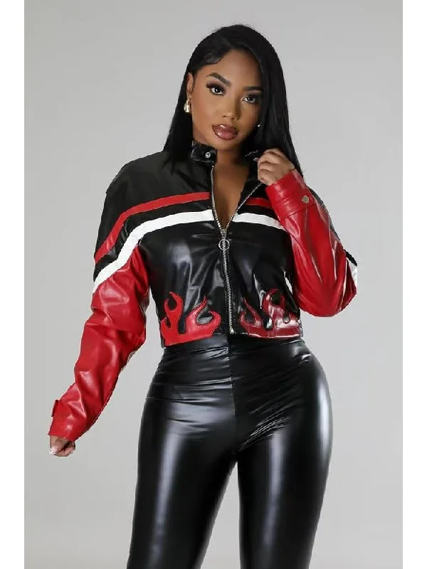 Contrast Color Flame Striped PU Jacket Front Pockets Side Pockets Patch Pockets
