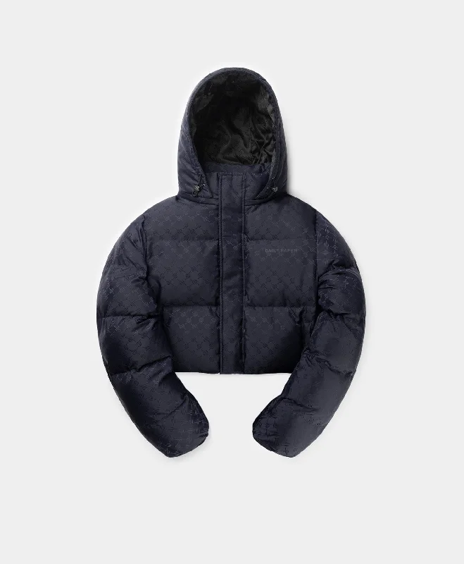 Deep Navy Monogram Cropped Puffer Jacket Welt Pockets Slit Pockets Flap Pockets