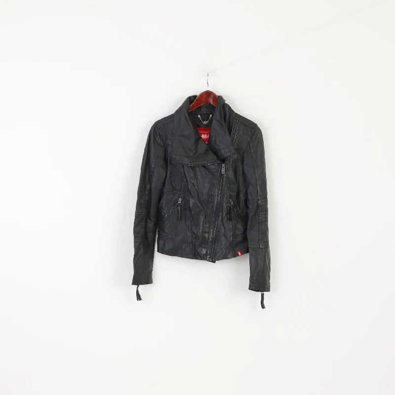 EDC Women S Jacket Black Sheep Leather Biker Soft Designed Ramons Zip Up Top Denim Fabric Leather Fabric Suede Fabric