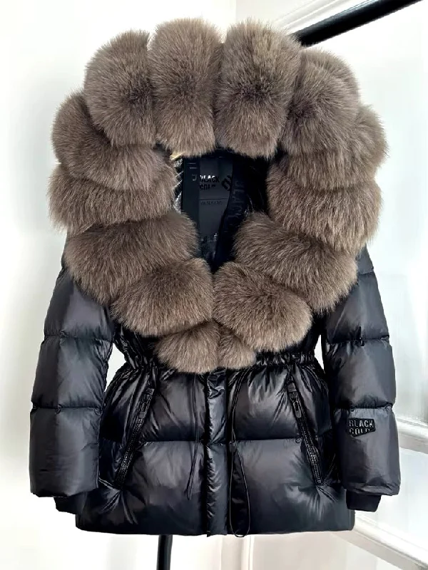 Elegant Black & Gold Plus Size Duck Down Jacket with Removable Fur – Chic & Cozy Welt Pockets Slit Pockets Flap Pockets