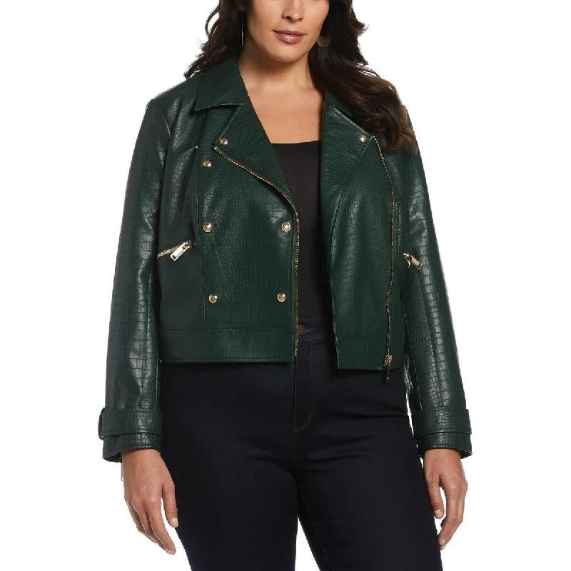 Ella Rafaella Womens Plus Faux Leather Embossed Motorcycle Jacket Boat Neck Shawl Collar Notched Collar