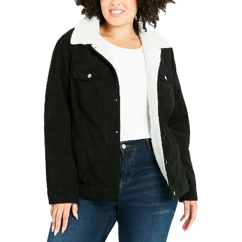 Evans Womens Plus Shearling Warm Trucker Jacket Zippered Front Buttoned Front Snap Front