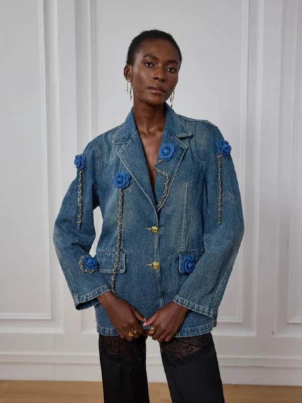 Flower Chain Lapel Distressed Denim Jacket Satin Jacket Silk Jacket Chiffon Jacket