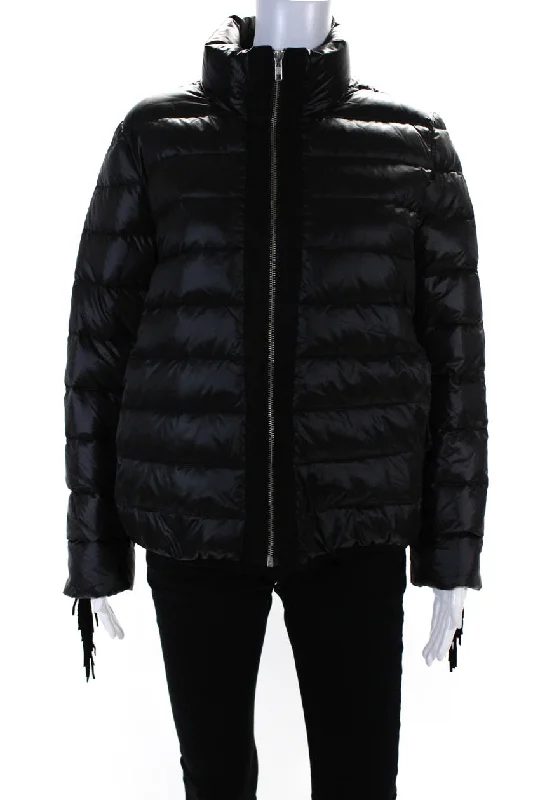 Glamourpuss Womens Striped Quilt Fringe Sleeve Zipped Puffer Jacket Black Fleece Jacket Down Jacket Feather Jacket