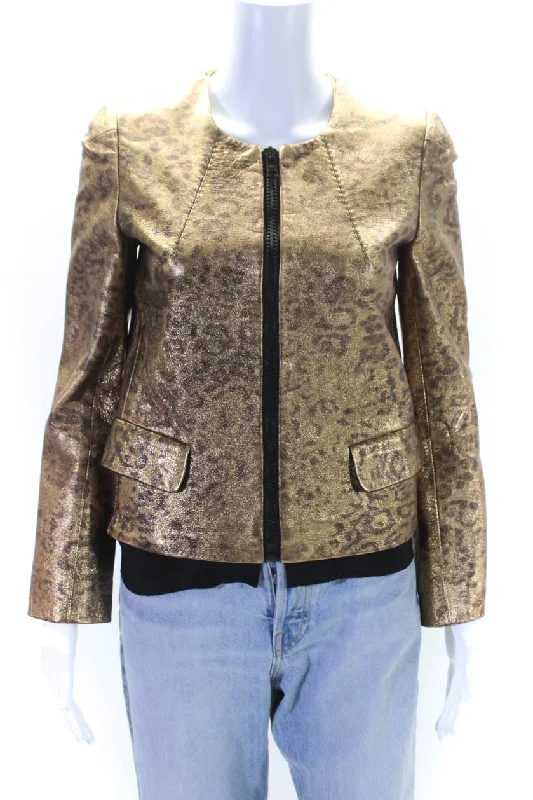 Golden Goose Womens Metallic Leather Leopard Print Jacket Gold Plaid Jacket Tartan Jacket Houndstooth Jacket