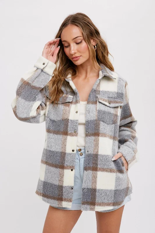 Grey Plaid Fleece Shirt Jacket Snapped Jacket Toggled Jacket Drawstring Jacket