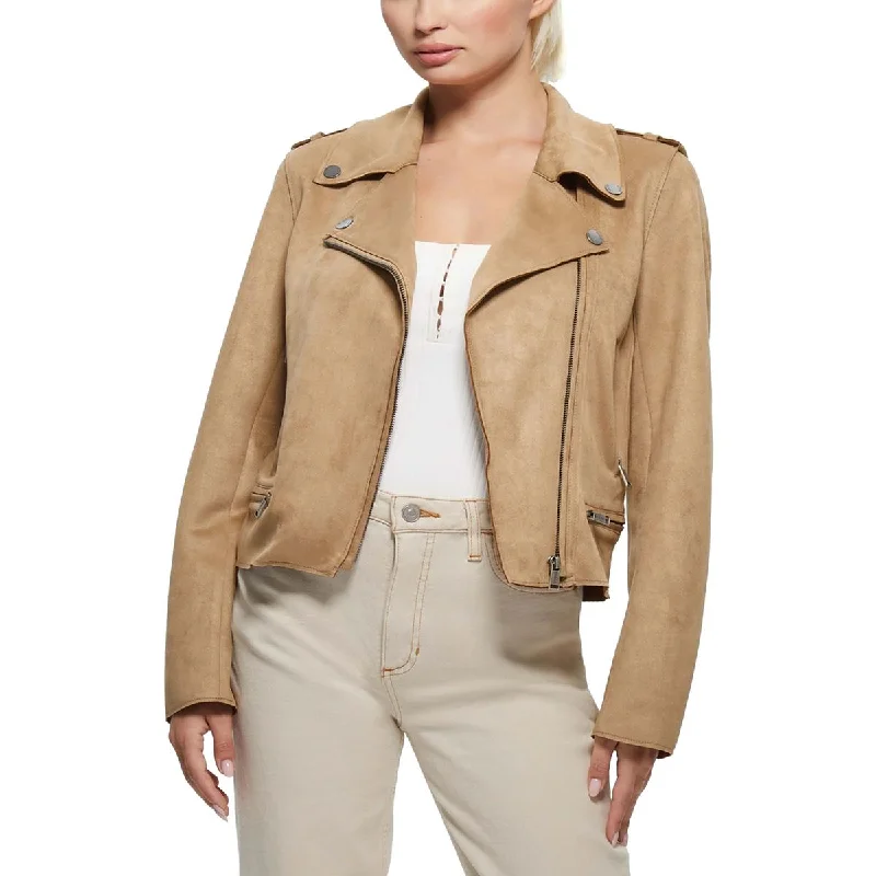 Guess Womens Monica Faux Leather Raw Hem Motorcycle Jacket Lace Jacket Ribbed Jacket Sequined Jacket