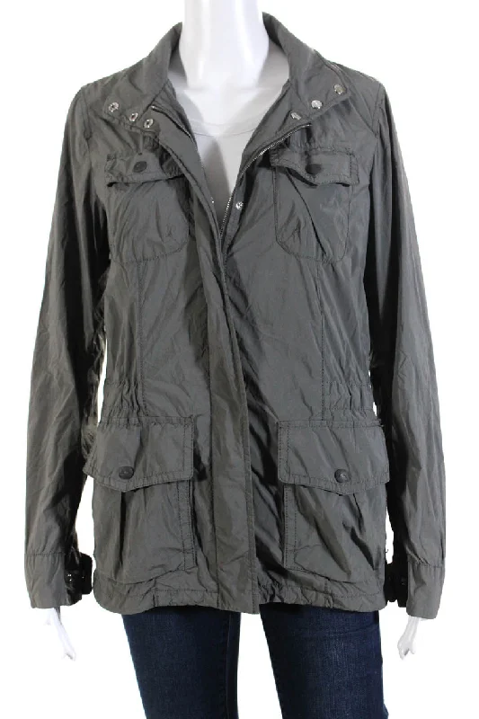 Herno Womens Multi-Pocket Zip-Up Turtleneck Cinched Waist Jacket Gray Plaid Jacket Tartan Jacket Houndstooth Jacket
