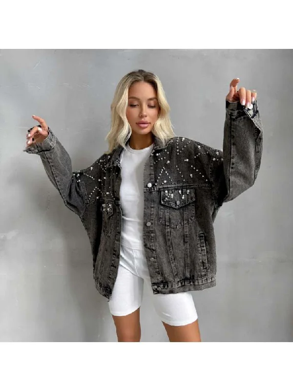 Hotfix Rhinestones Long Sleeve Denim Jackets Trench Coat Raincoat Waterproof Jacket