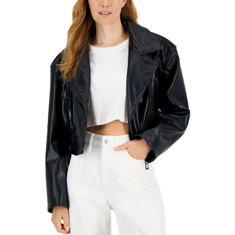 Hugo Womens Faux Leather Short Motorcycle Jacket Nylon Fabric Polyester Fabric Spandex Fabric