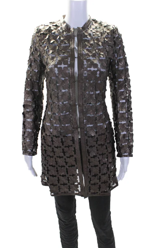 In Transit 2 Womens Bronze Leather Mesh Crew Neck Long Sleeve Jacket Appliqued Jacket Beaded Jacket Sequined Jacket