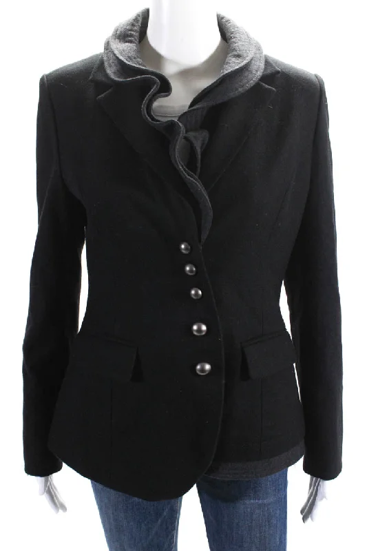 Jaeyoon Jeong Womens Ruffled Layered Button Down Jacket Black Wool Notch Collar Jacket Peter Pan Collar Jacket Cowl Neck Jacket