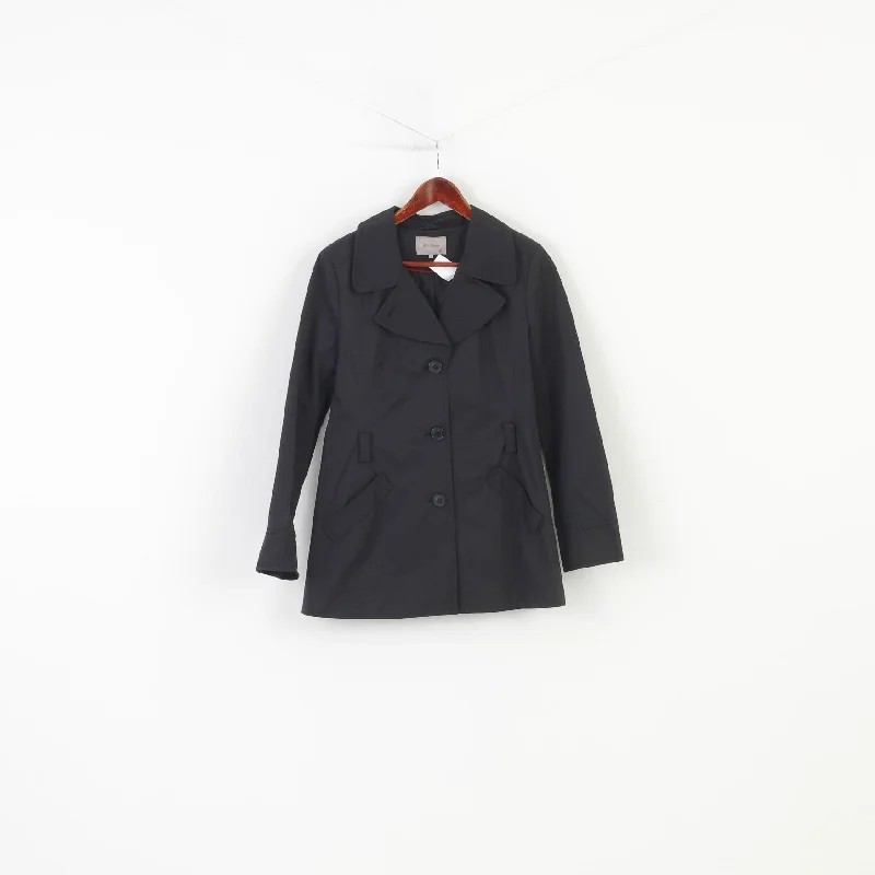 John Lewis Women 12 M Jacket Single Breasted Black Cotton Nylon Bottoms Elegant Shoulder Pads Vintage Top Front Pockets Side Pockets Patch Pockets