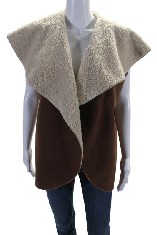Juliette Jake Womens Brown Fuzzy Cowl Neck Open Front Vest Jacket Jacket Blazer Coat