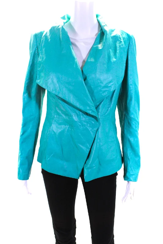 Lafayette 148 New York Womens Leather Collar Snapped Buttoned Jacket Blue Hoodie Zip-Up Jacket Button-Up Jacket