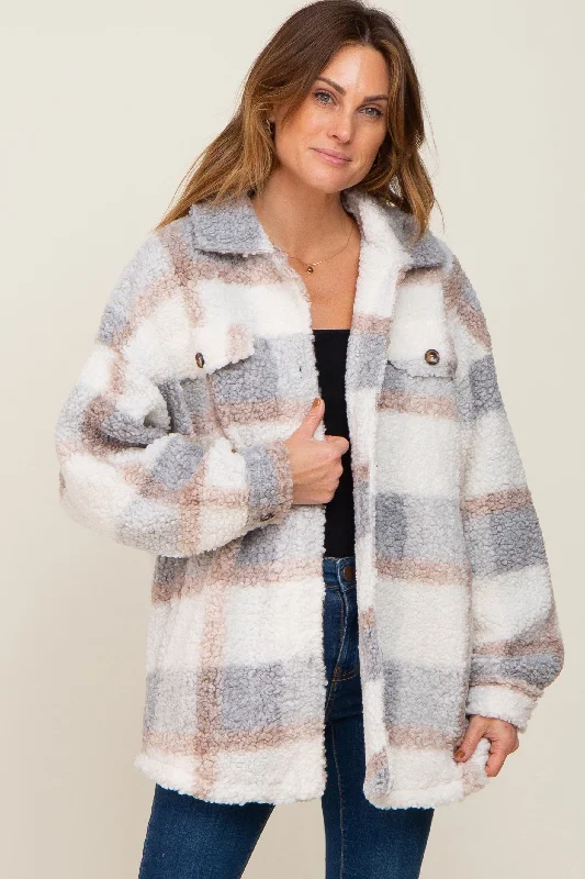 Light Grey Textured Plaid Jacket Faux Fur Jacket Real Fur Jacket Shearling Jacket
