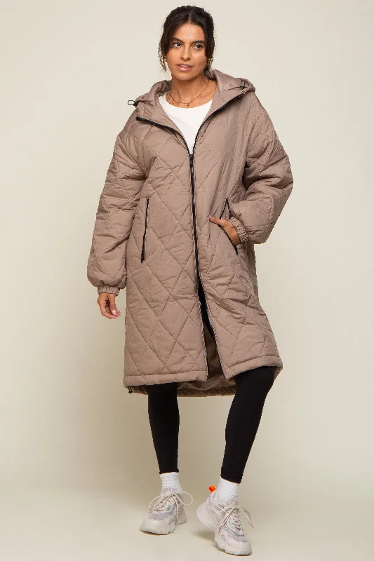 Light Taupe Quilted Long Puffer Jacket Toggled Jacket Drawstring Jacket Belted Jacket