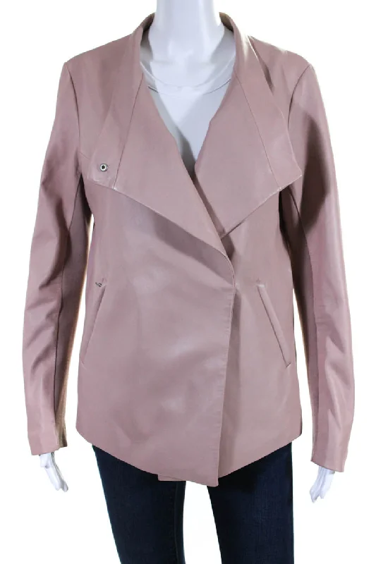 Mackage Womens Solid Pink V-Neck Front Pockets Long Sleeve Leather Jacket Hoodie Zip-Up Jacket Button-Up Jacket