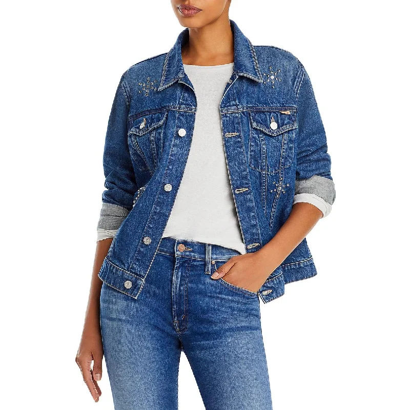Mother Womens The Bruiser Embellished Denim Denim Jacket Denim Jacket Leather Jacket Suede Jacket