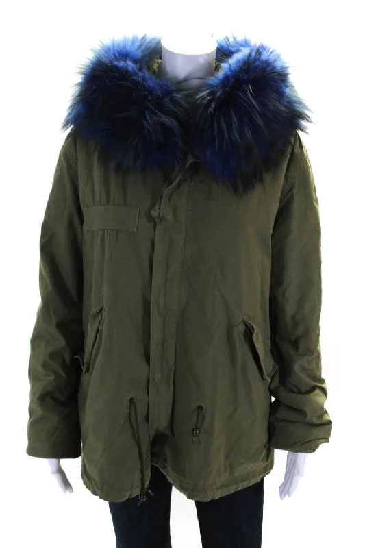 Mr. & Mrs. Italy Womens Front Zip Raccoon Fur Hooded Parka Jacket Green Cotton Small Tailored Jacket Straight Jacket A-Line Jacket