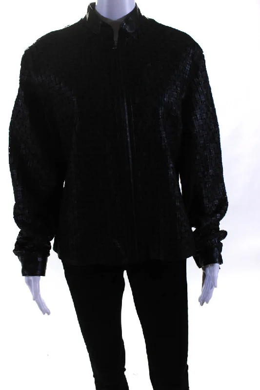 Natto Womens High Neck Woven Leather Lattice Full Zip Jacket Black Insulated Jacket Fitted Jacket Loose Jacket