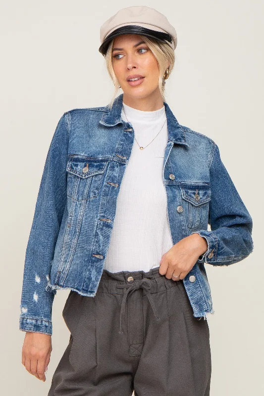 Navy Blue Distressed Cropped Denim Jacket Knit Fabric Woven Fabric Fleece Fabric
