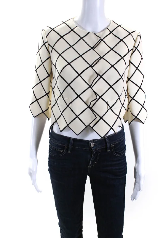 Oscar de la Renta Womens Zig Zag Hem Crop Check Snap Jacket Black Cream Denim Jacket Leather Jacket Suede Jacket