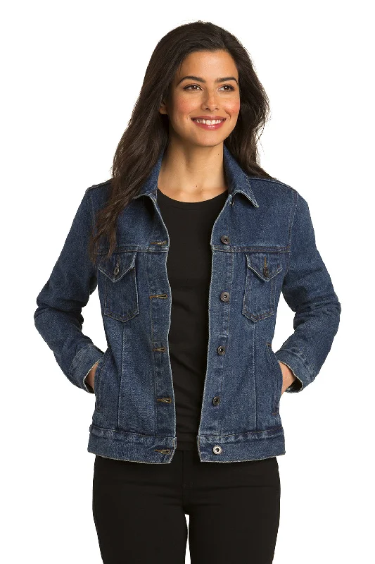 Port Authority Womens Stonewashed Denim Button Down Jacket - Denim Blue Snapped Jacket Toggled Jacket Drawstring Jacket