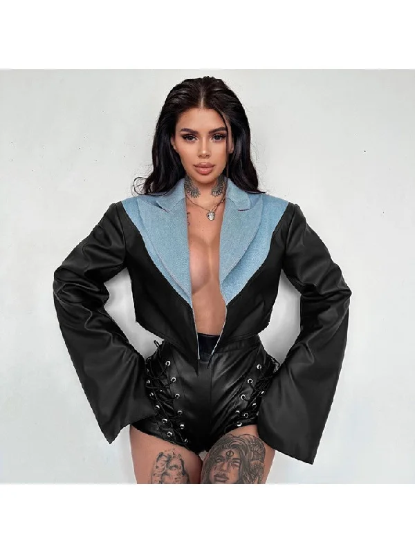 PU Denim Patchwork Cropped Lapel Jackets Fitted Jacket Loose Jacket Oversized Jacket