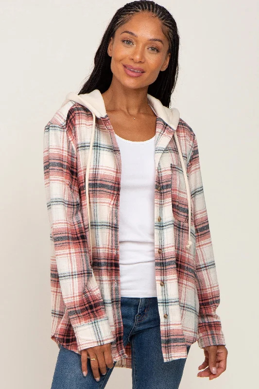 Rust Plaid Hooded Shirt Jacket Welt Pockets Slit Pockets Flap Pockets