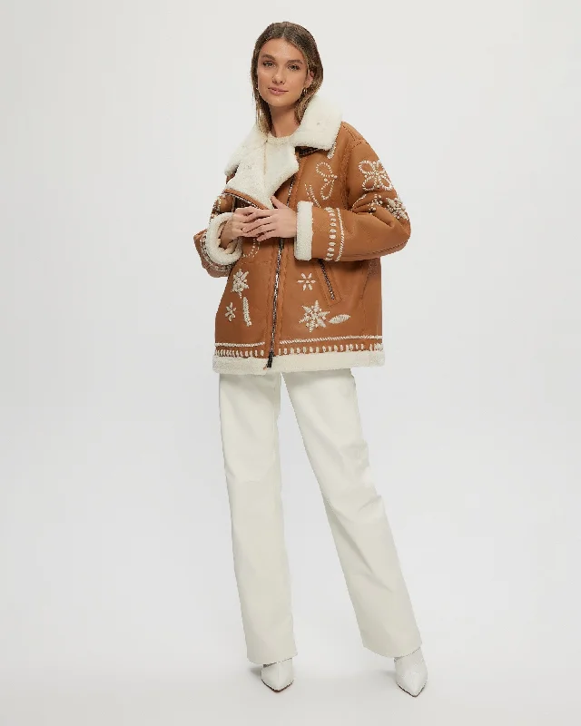 Merino Shearling Lamb Zip Jacket with Wool Embroidery Oversized Jacket Tailored Jacket Straight Jacket