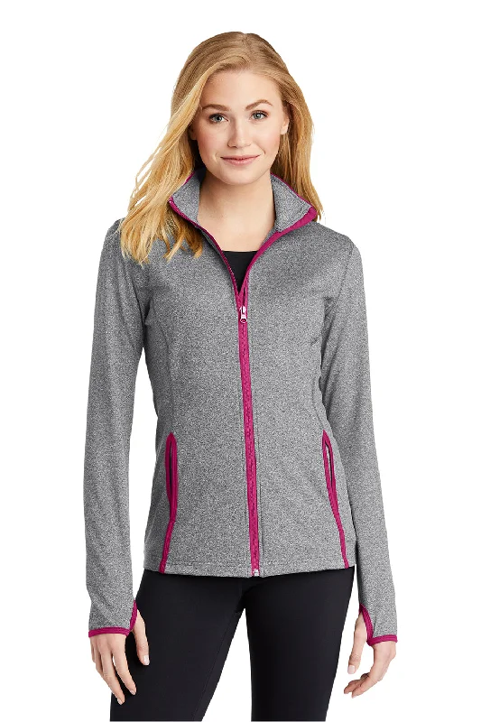 Sport-Tek Womens Sport-Wick Moisture Wicking Full Zip Jacket - Heather Charcoal Grey/Pink Rush Notch Collar Jacket Peter Pan Collar Jacket Cowl Neck Jacket