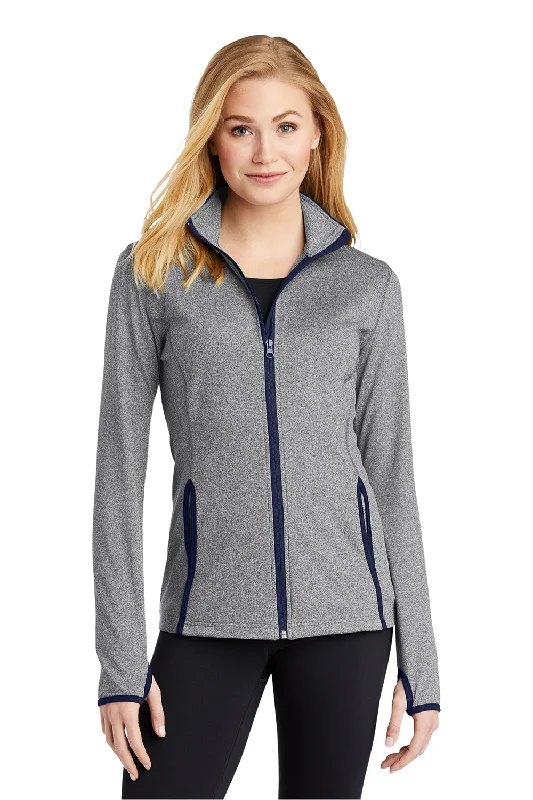 Sport-Tek Womens Sport-Wick Moisture Wicking Full Zip Jacket - Heather Charcoal Grey/True Navy Blue Lace Jacket Ribbed Jacket Sequined Jacket