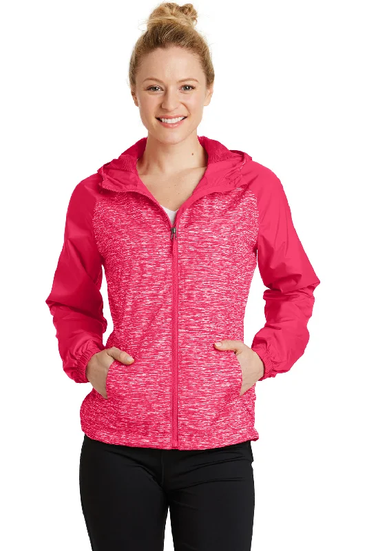 Sport-Tek Womens Wind & Water Resistant Full Zip Hooded Jacket - Heather Raspberry Pink/Raspberry Pink - Closeout Boat Neck Shawl Collar Notched Collar