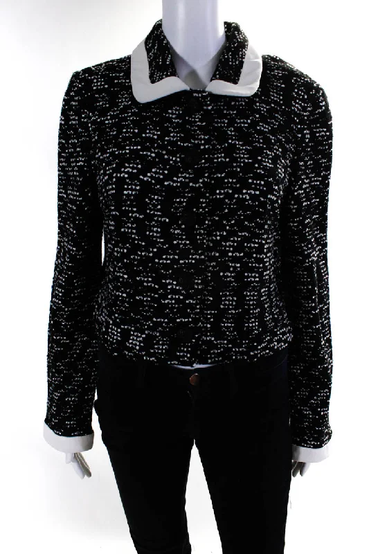 St. John Womens Santana Knit Collared Button Up Jacket Black Front Pockets Side Pockets Patch Pockets