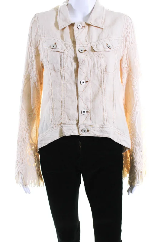 Sunday Tropez Womens Elvis Mesh Embroidered Sleeve Linen Jacket Beige Faux Fur Fabric Real Fur Fabric Shearling Fabric